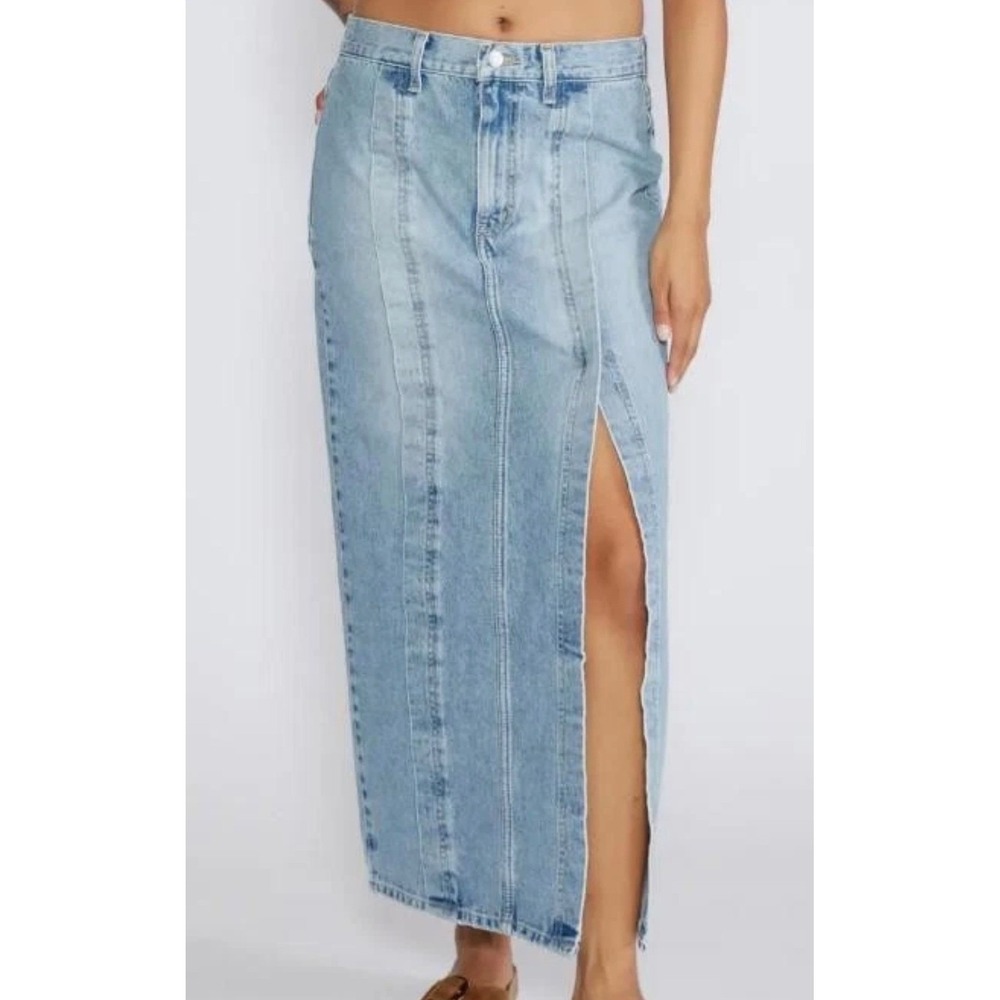 Etica Ingrid Side Slit Denim Maxi Skirt Womens 28 Light Blue Jean Organic Cotton